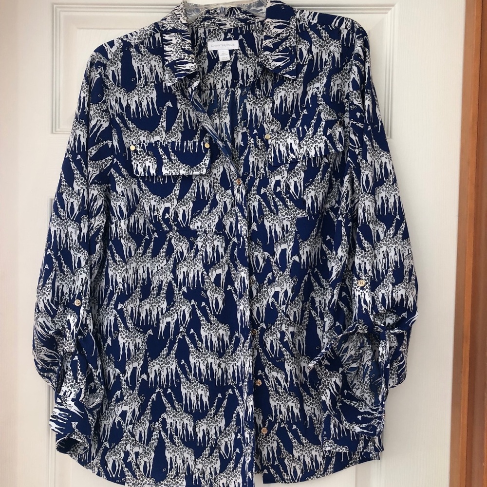 Women’s Charter Club Large Blue and White Elephant Design Shirt